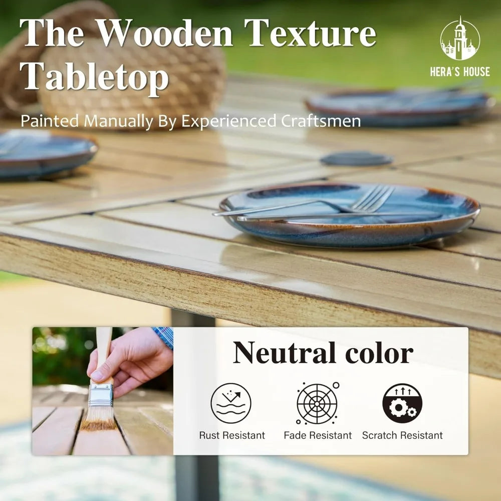HERA'S HOUSE 6-Person Outdoor Dining Table Rectangular Metal Patio Table with Umbrella Hole Weather Resistant Wood-Like Finish
