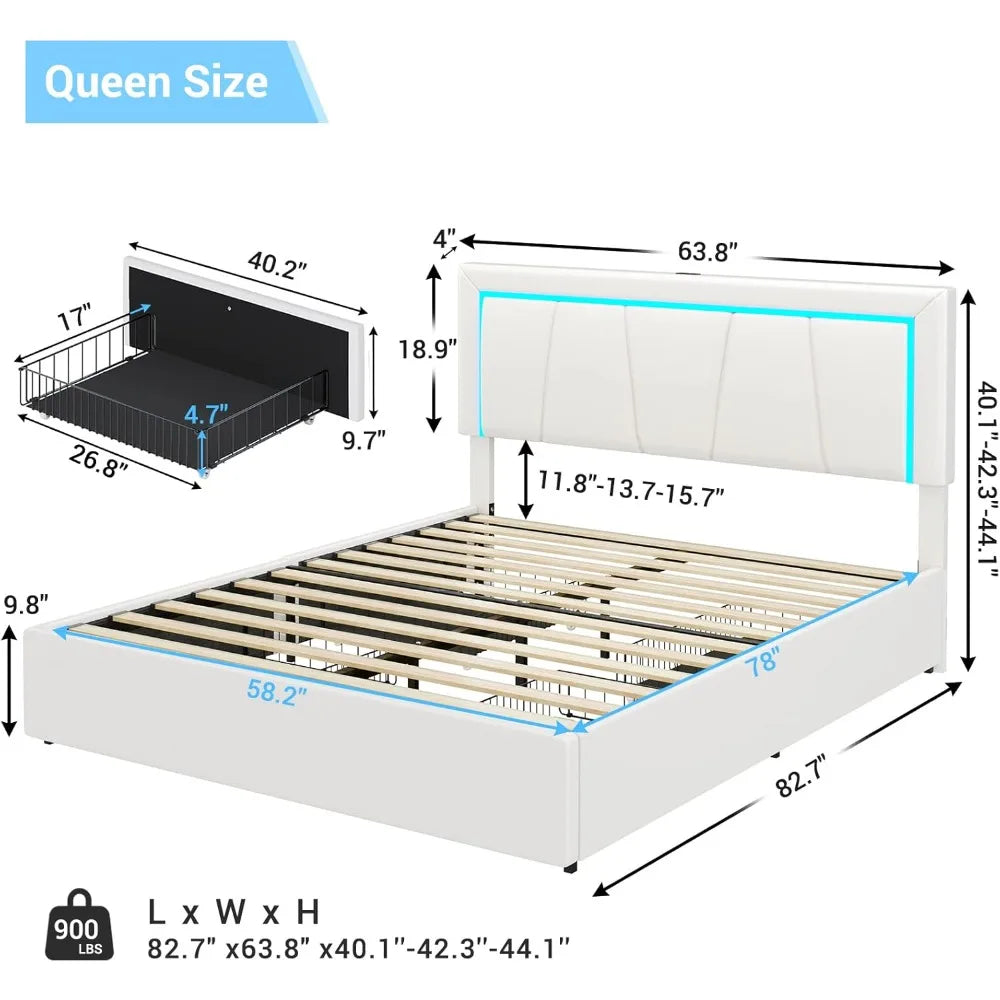 Bed Frame with 4 Storage Drawers and LED Lights - Faux Leather Upholstered Platform Bed with USB Ports，Adjustable LED Headboard