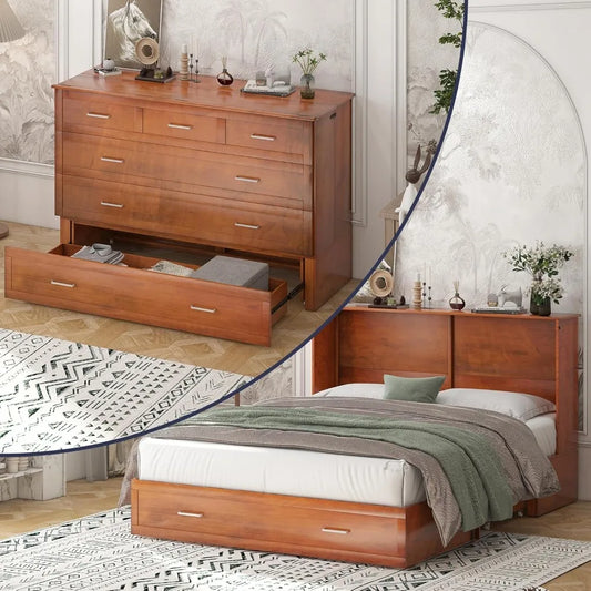 Murphy Bed, Queen Size Cabinet Beds, Elegant Adult Guest Bed with Mattress, Charging Station, Storage Drawer, Solid Wood Frame,