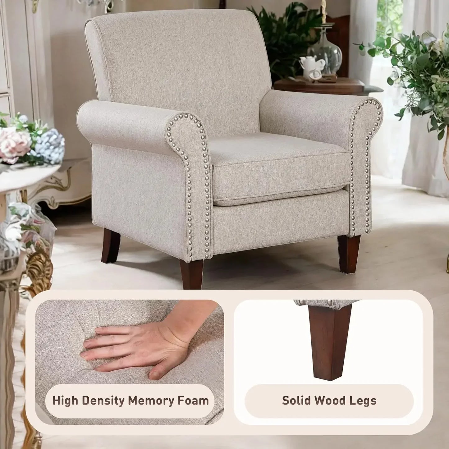 Prilinex Soft Cushioned Living Room Chair - Single Sofa with Cushion, Roller Shutter Armrest, Office Armchair