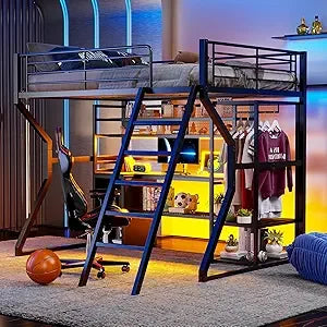 Queen Size Gaming Loft Bed with Stairs and Desk, Metal Loft Bed Frame with Bedside Shelf and Light, Heavy-Duty Adults Lofts Beds