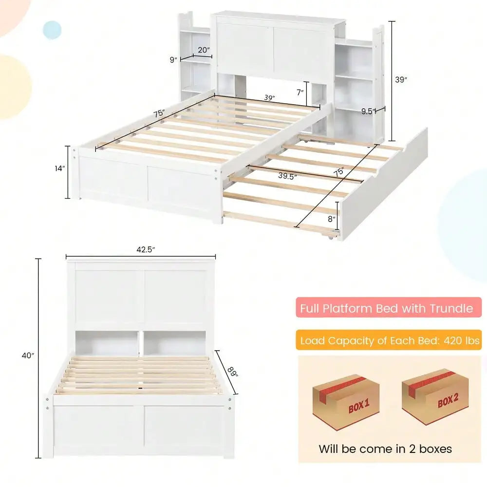 Wooden Twin Platform Bed with Trundle Storage Headboard Pull Out Shelves White
