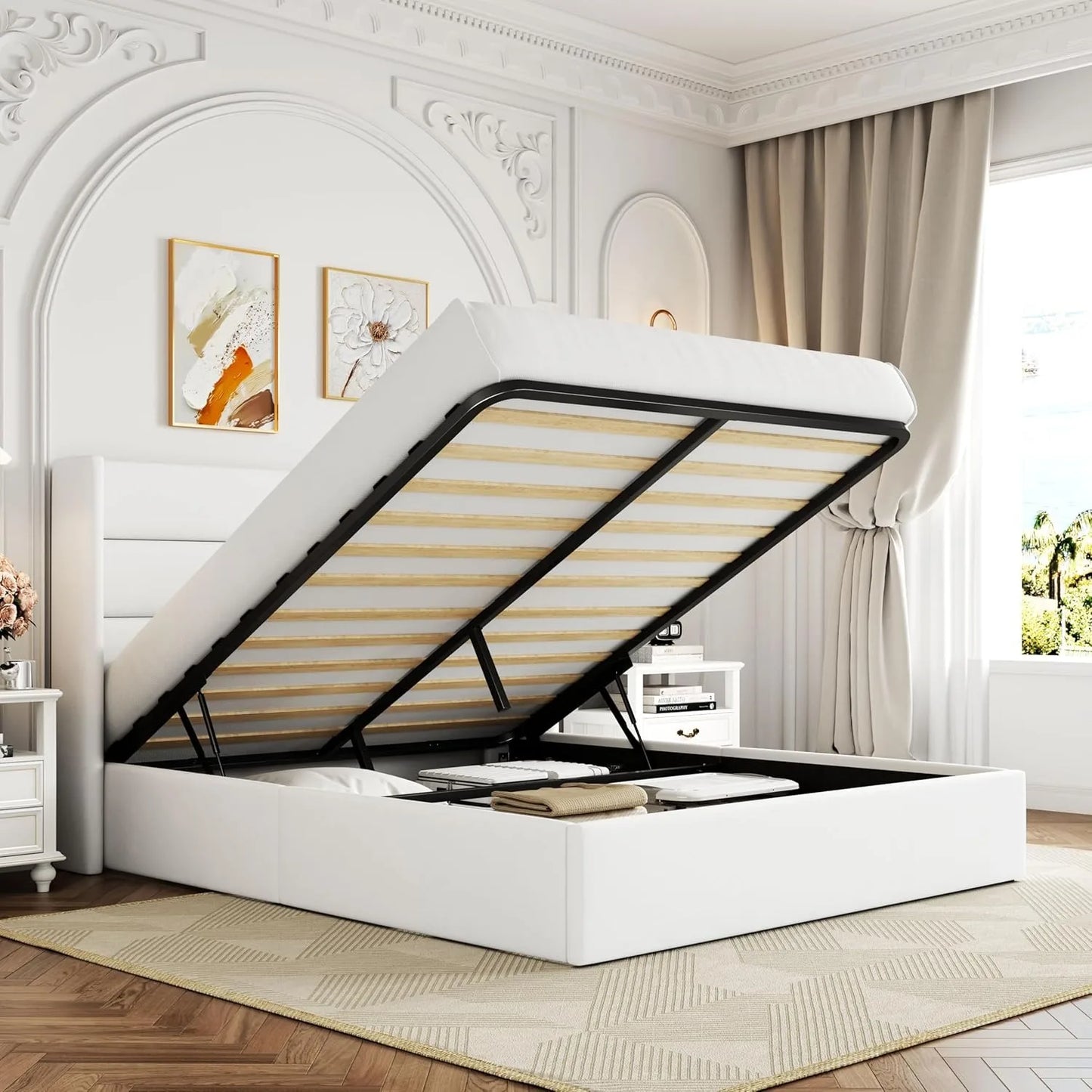 Queen Size Veet Lift  Storage Bed, Modern Wingback Headboard, Hydraulic Sport, No Box Spring Needed, White