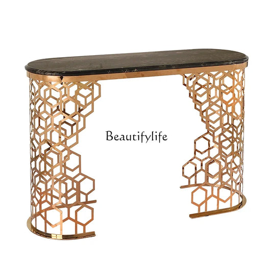 PJ13Modern light luxury entrance table stainless steel marble entrance table sofa back few