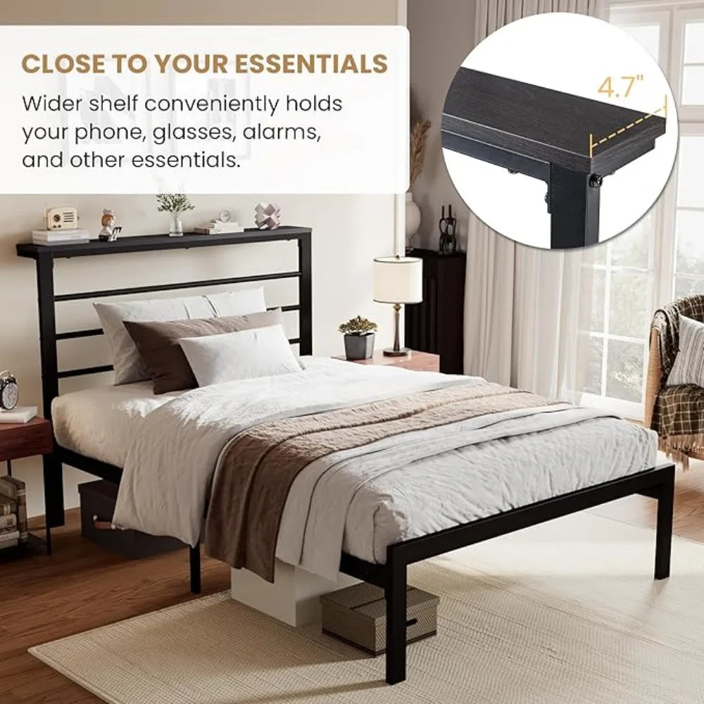 Twin Size Bed Frame with Headboard Shelf and Strong Metal Foundation, No Box Spring Needed, Black