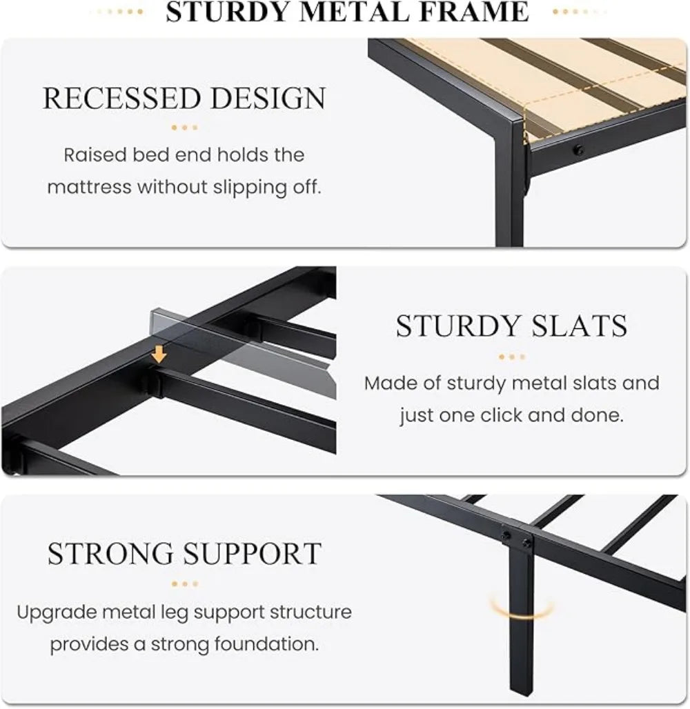 Twin Size Bed Frame with Headboard Shelf and Strong Metal Foundation, No Box Spring Needed, Black