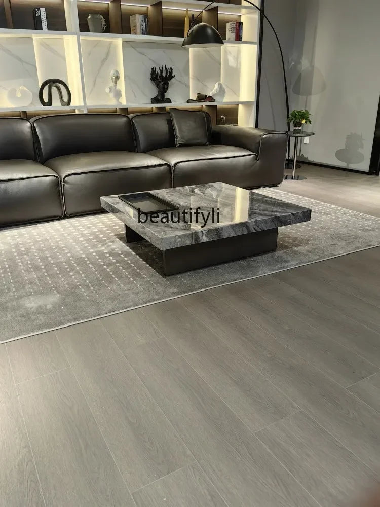 X188Italian Minimalist Designer Brown Natural Marble Square Coffee Table Living Room Stainless Steel Brushed Base