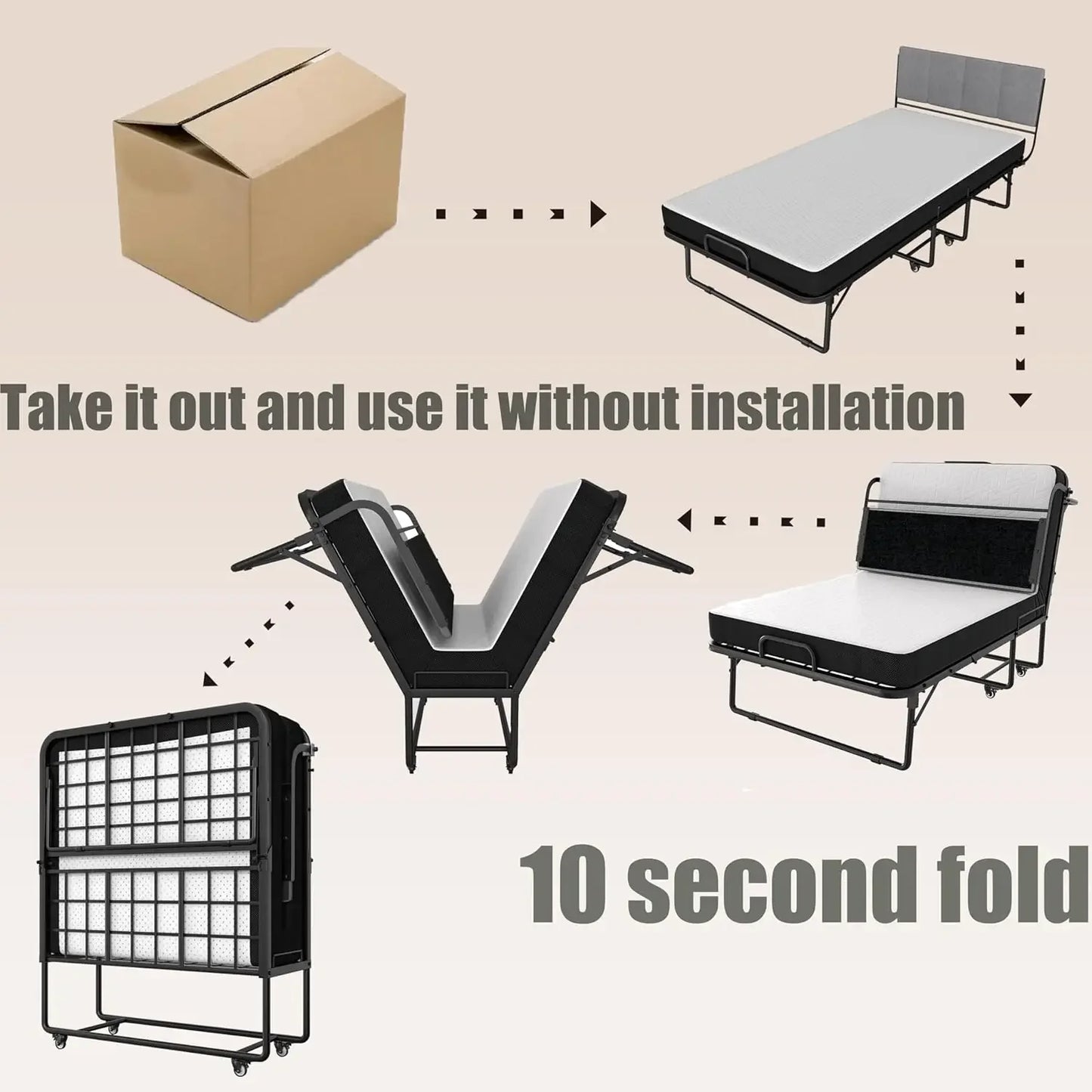 Folding Bed with Headboard, 75" x 39" Portable Frame with 5" Memory Foam Mattress, Twin Guest Bed Rollaway for Adult