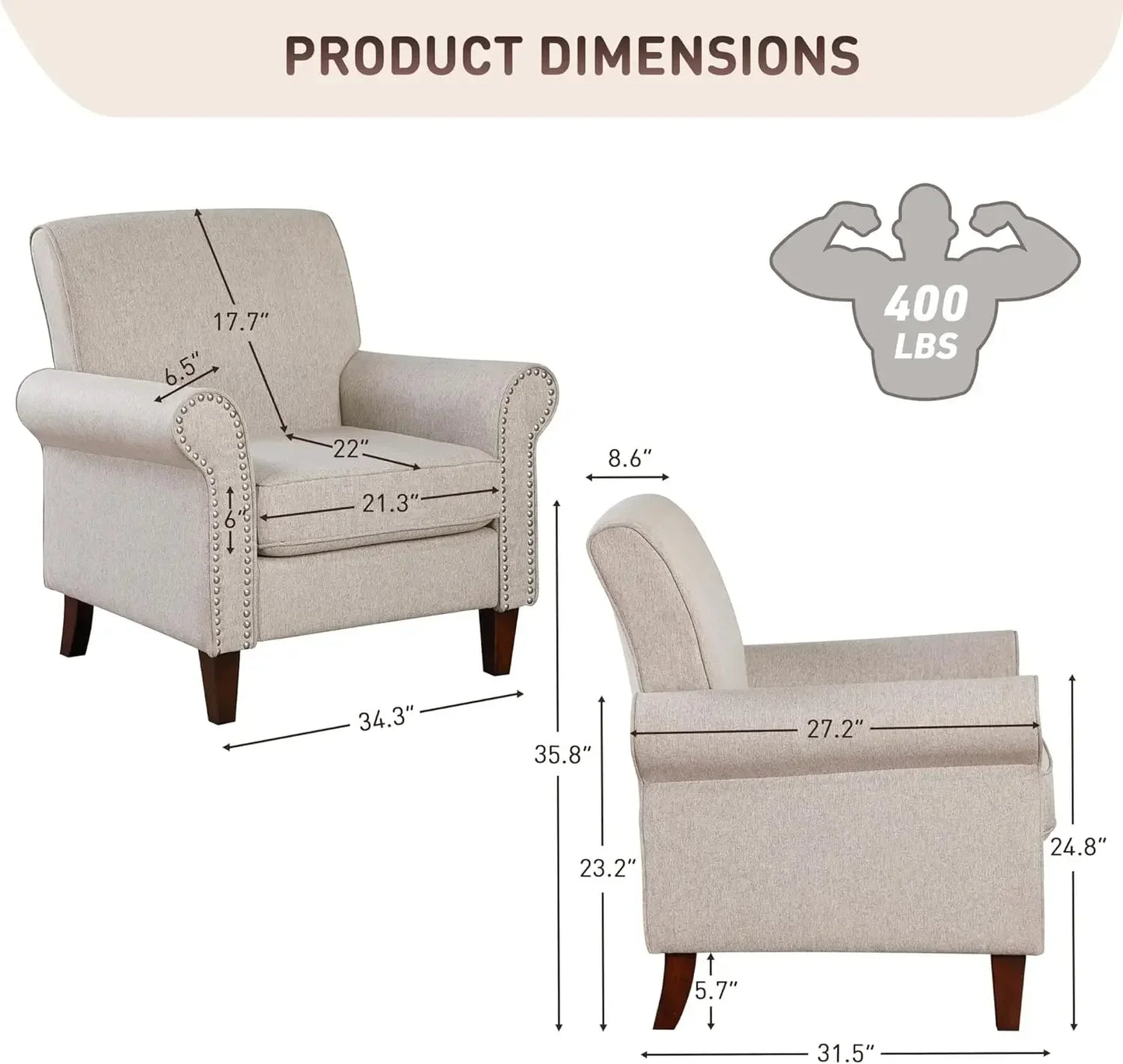 Prilinex Soft Cushioned Living Room Chair - Single Sofa with Cushion, Roller Shutter Armrest, Office Armchair