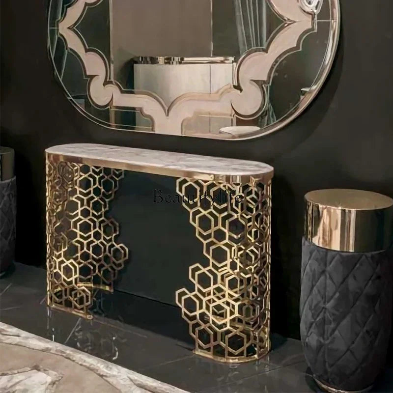 PJ13Modern light luxury entrance table stainless steel marble entrance table sofa back few