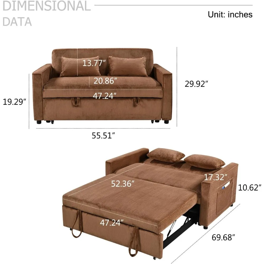 Pull Out Couch,Corduroy Convertible Sofa Bed,Pull Out Sofa Bed with 3 Level Adjustable Backrest & Storage Pockets and 2 Toss Pil