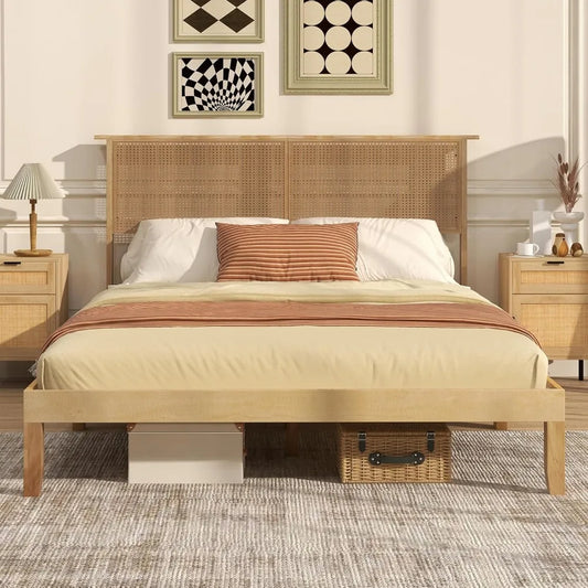 Giantex Queen Size Rattan Bed Frame with Rattan Headboard, Boho Solid Wood Platform Bed with Wooden Slats, 12 Inch Bed Frame Que