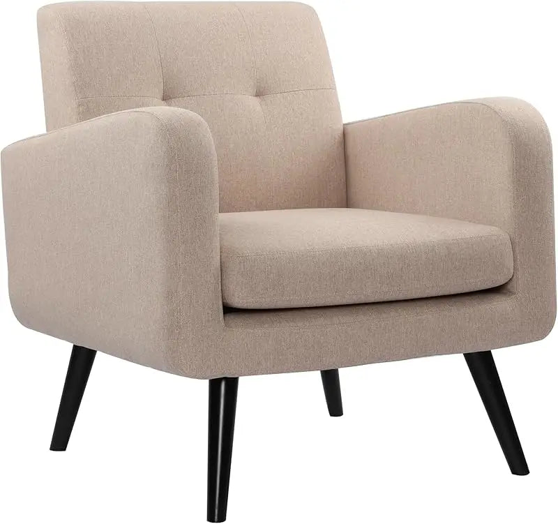 TTF Upholstered Fabric Cozy Armchairs, Living Room Side Chair with Solid Wood Legs, Beige CS
