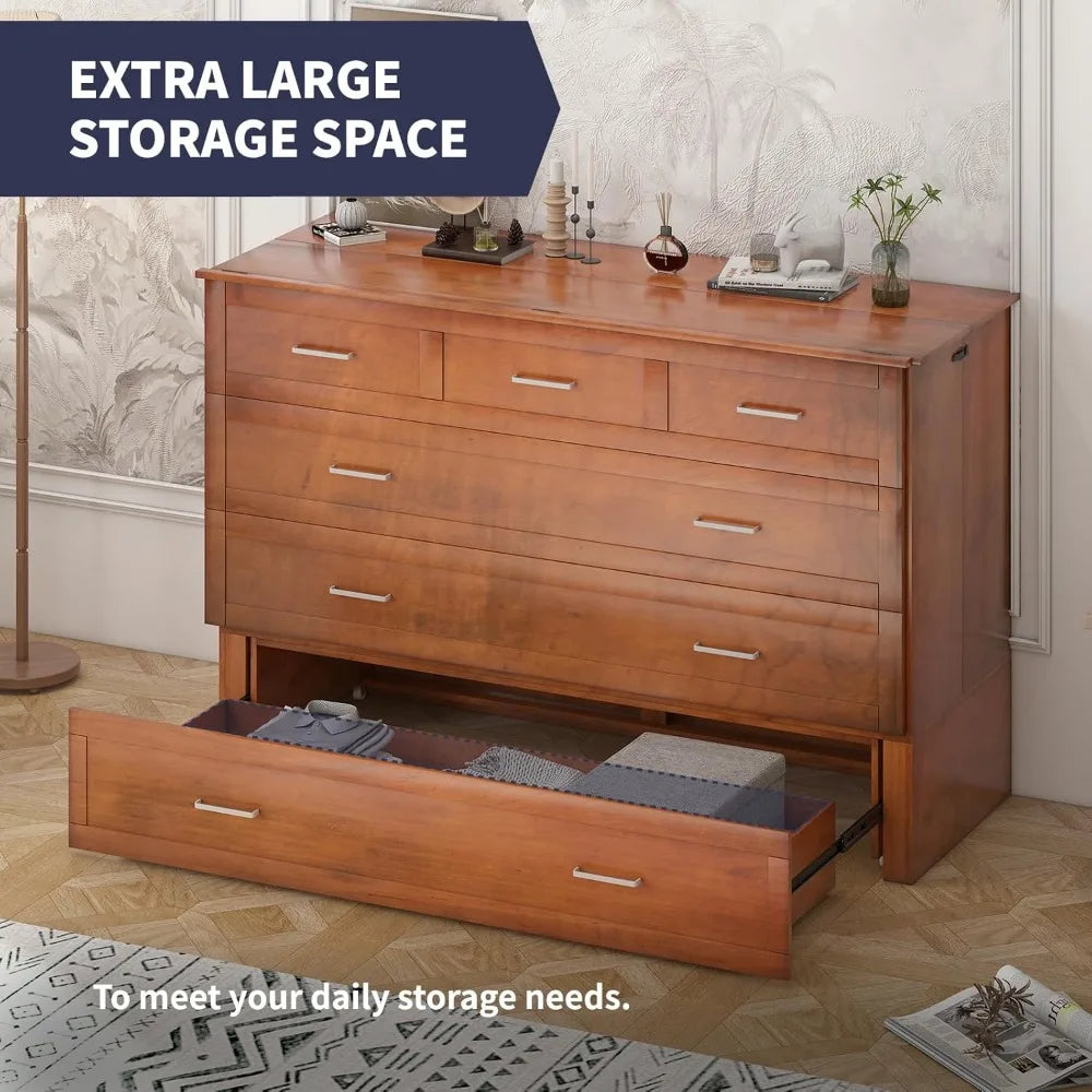 Murphy Bed, Queen Size Cabinet Beds, Elegant Adult Guest Bed with Mattress, Charging Station, Storage Drawer, Solid Wood Frame,