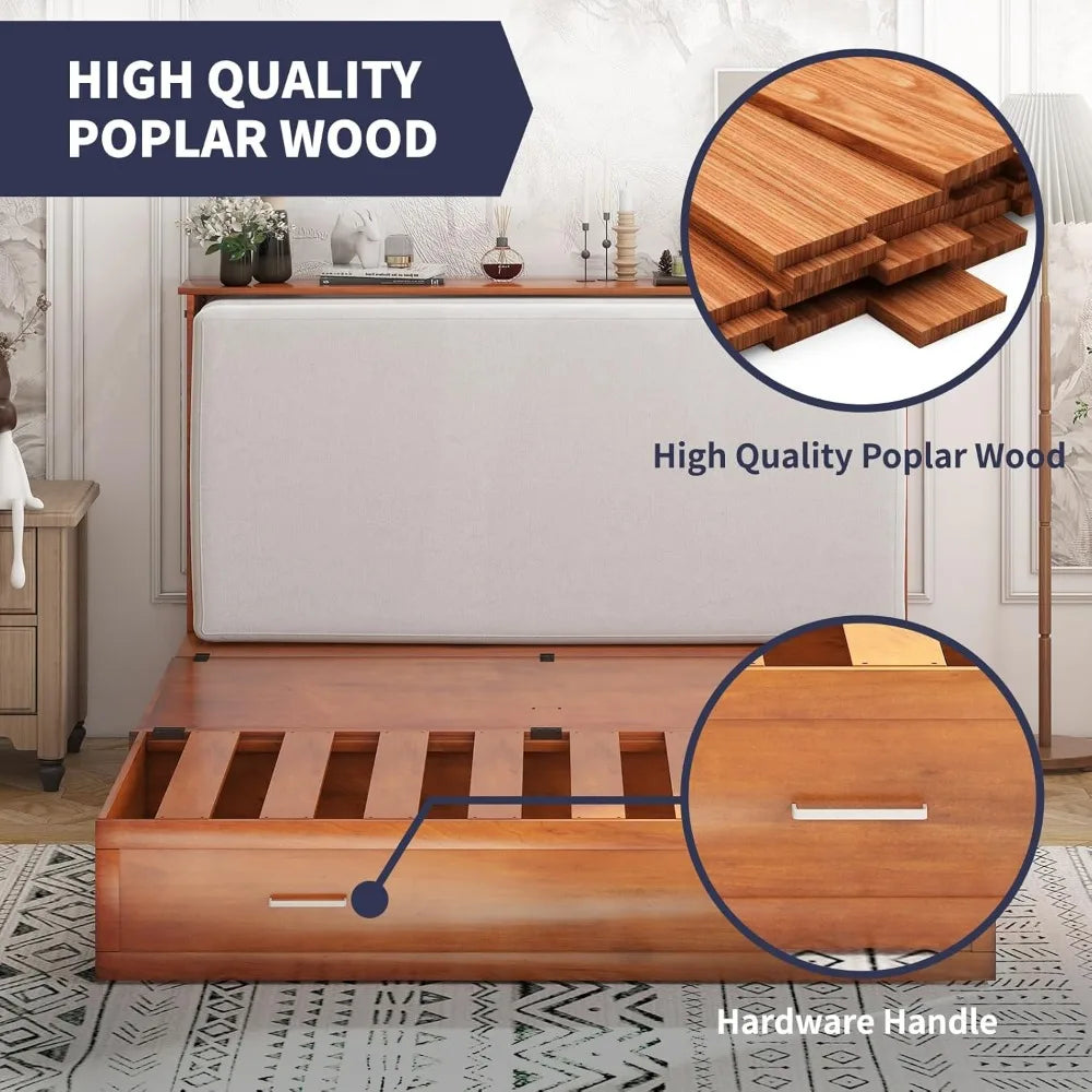 Murphy Bed, Queen Size Cabinet Beds, Elegant Adult Guest Bed with Mattress, Charging Station, Storage Drawer, Solid Wood Frame,