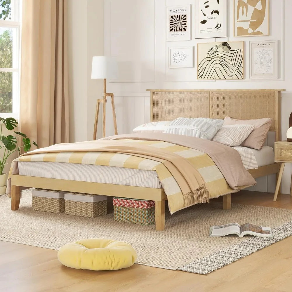 Giantex Queen Size Rattan Bed Frame with Rattan Headboard, Boho Solid Wood Platform Bed with Wooden Slats, 12 Inch Bed Frame Que