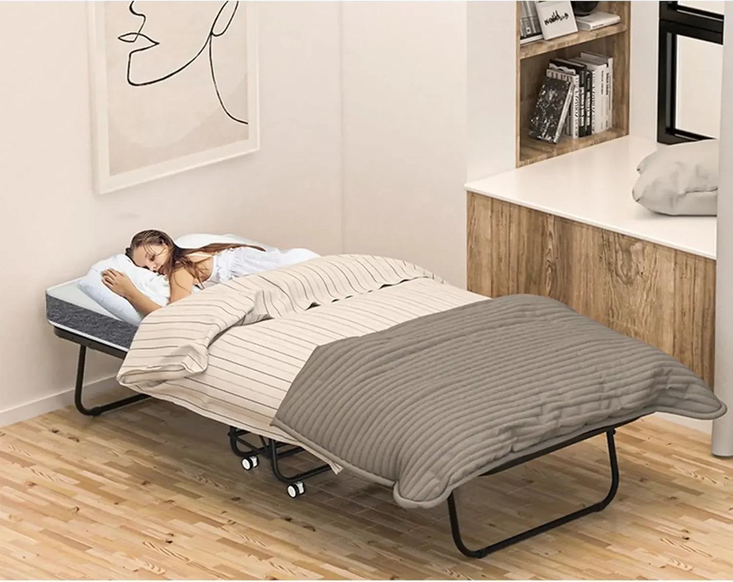 Large Folding Bed with Mattress for Adult - 75''x46'' Portable Foldable Rollaway Bed for Guest, Space Saving Fold Up Bed