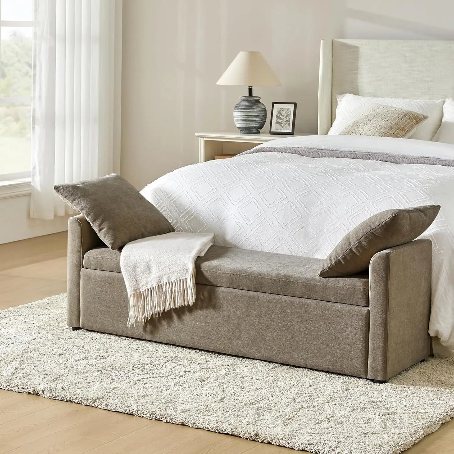 Modern Storage Bench with Throw Pillows, 59.4" Extra Long Bedroom Ottoman Bench for End of Bed, Comfy Upholstered