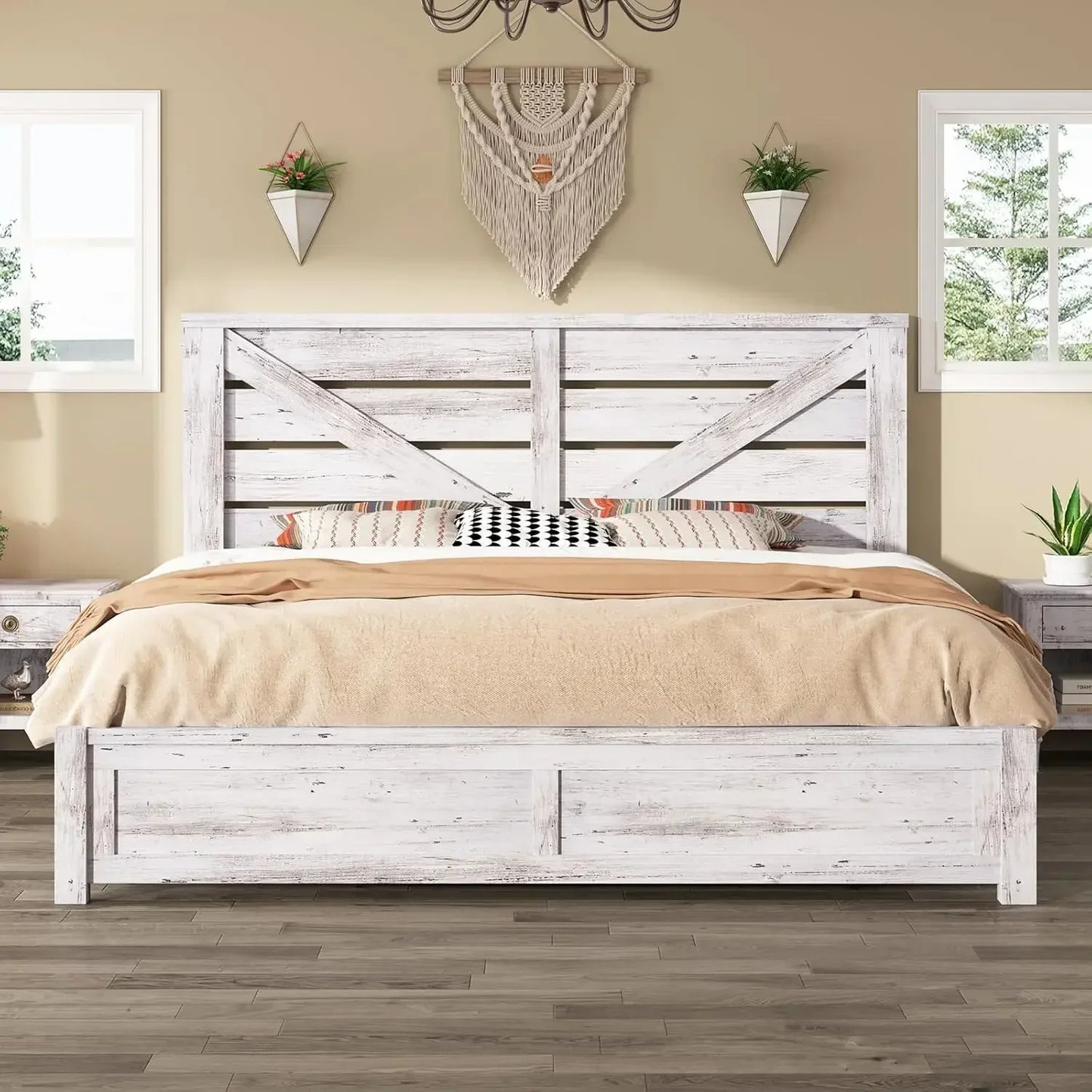 King Size Farmhouse Bed Frame, Platform, Under Bed Storage Space,Noisy Free, Distressed White with 49.2" Barn Door Headboard