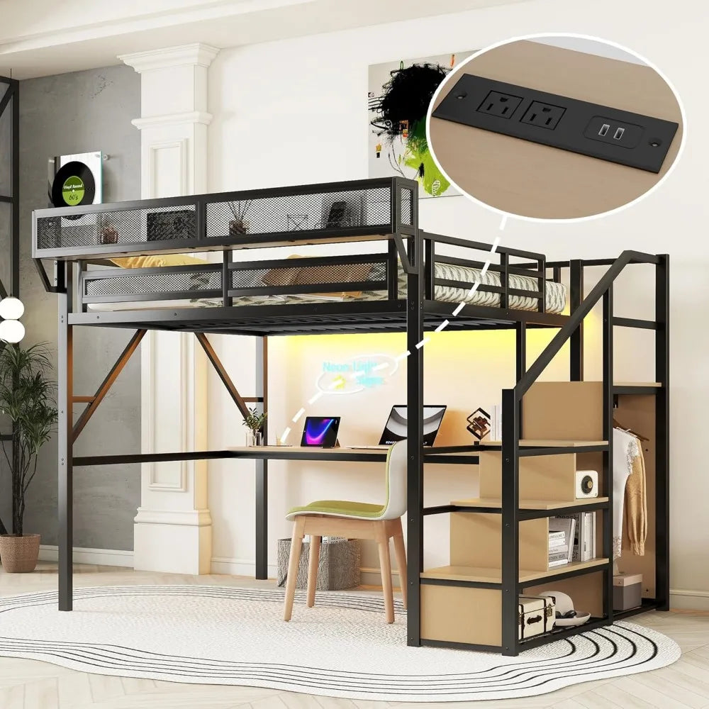 Queen Size Gaming Loft Bed with Stairs and Desk, Metal Loft Bed Frame with Bedside Shelf and Light, Heavy-Duty Adults Lofts Beds