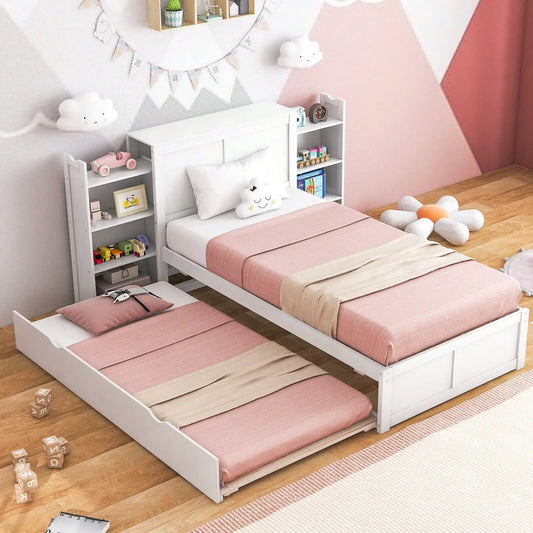 Wooden Twin Platform Bed with Trundle Storage Headboard Pull Out Shelves White