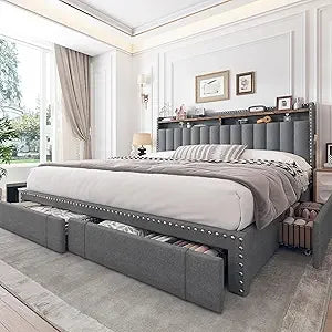 EnHomee King Size Bed Frame with 4 Storage Drawers,Upholstered King Bed Frame and Headboard,2-Tier Shelves,1200LBS for Strong Su