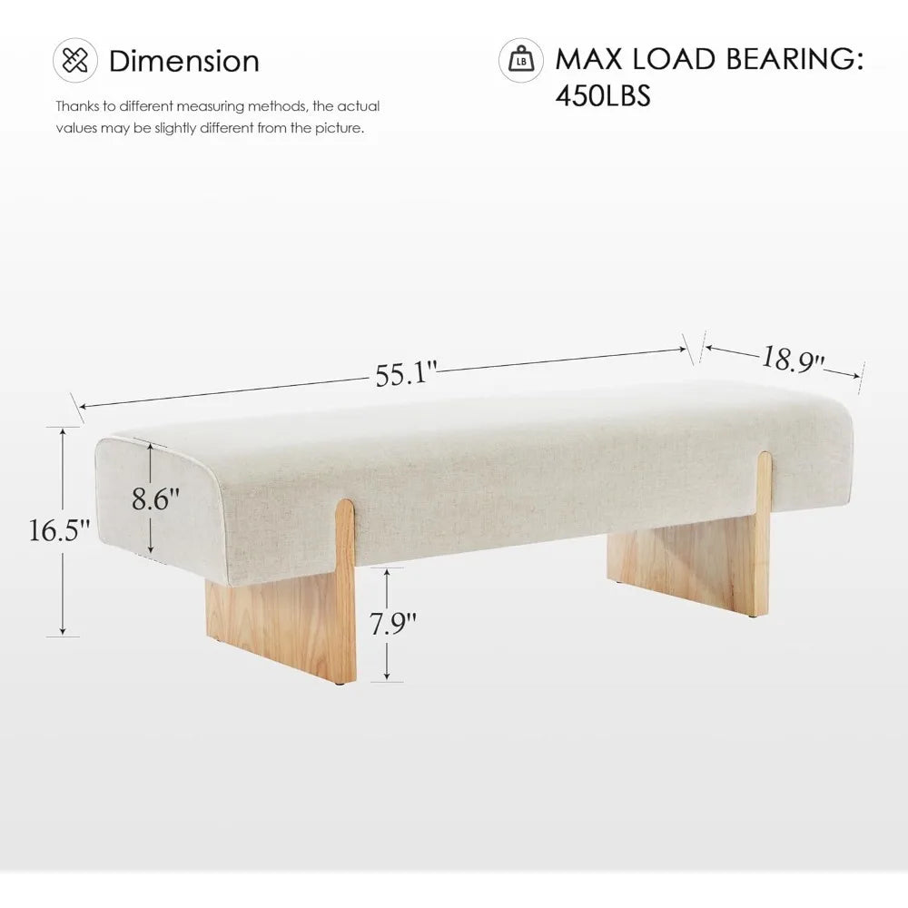 Solid Wooden Bench for Bedroom, 55'' Linen Fabric End of Bed Bench Queen Size, Modern Accent Entryway Bench