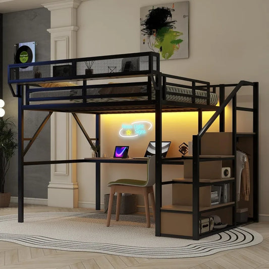 Queen Size Gaming Loft Bed with Stairs and Desk, Metal Loft Bed Frame with Bedside Shelf and Light, Heavy-Duty Adults Lofts Beds