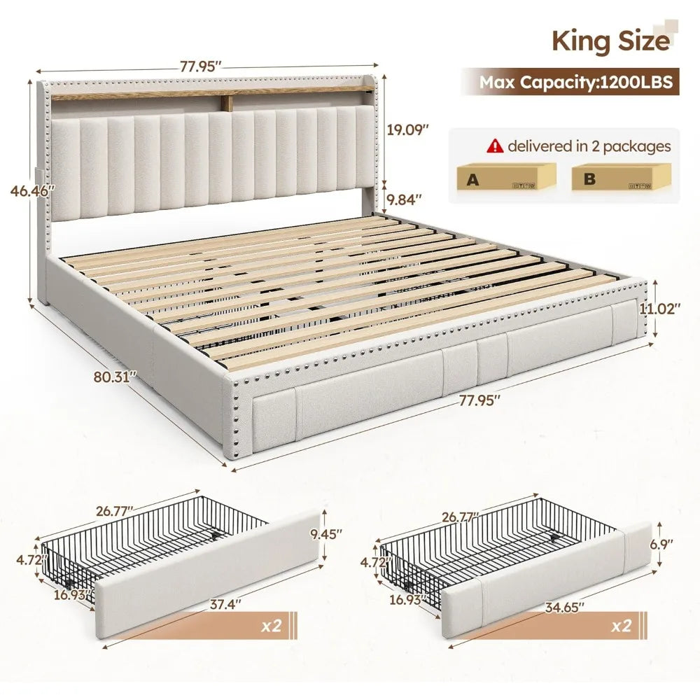 EnHomee King Size Bed Frame with 4 Storage Drawers,Upholstered King Bed Frame and Headboard,2-Tier Shelves,1200LBS for Strong Su