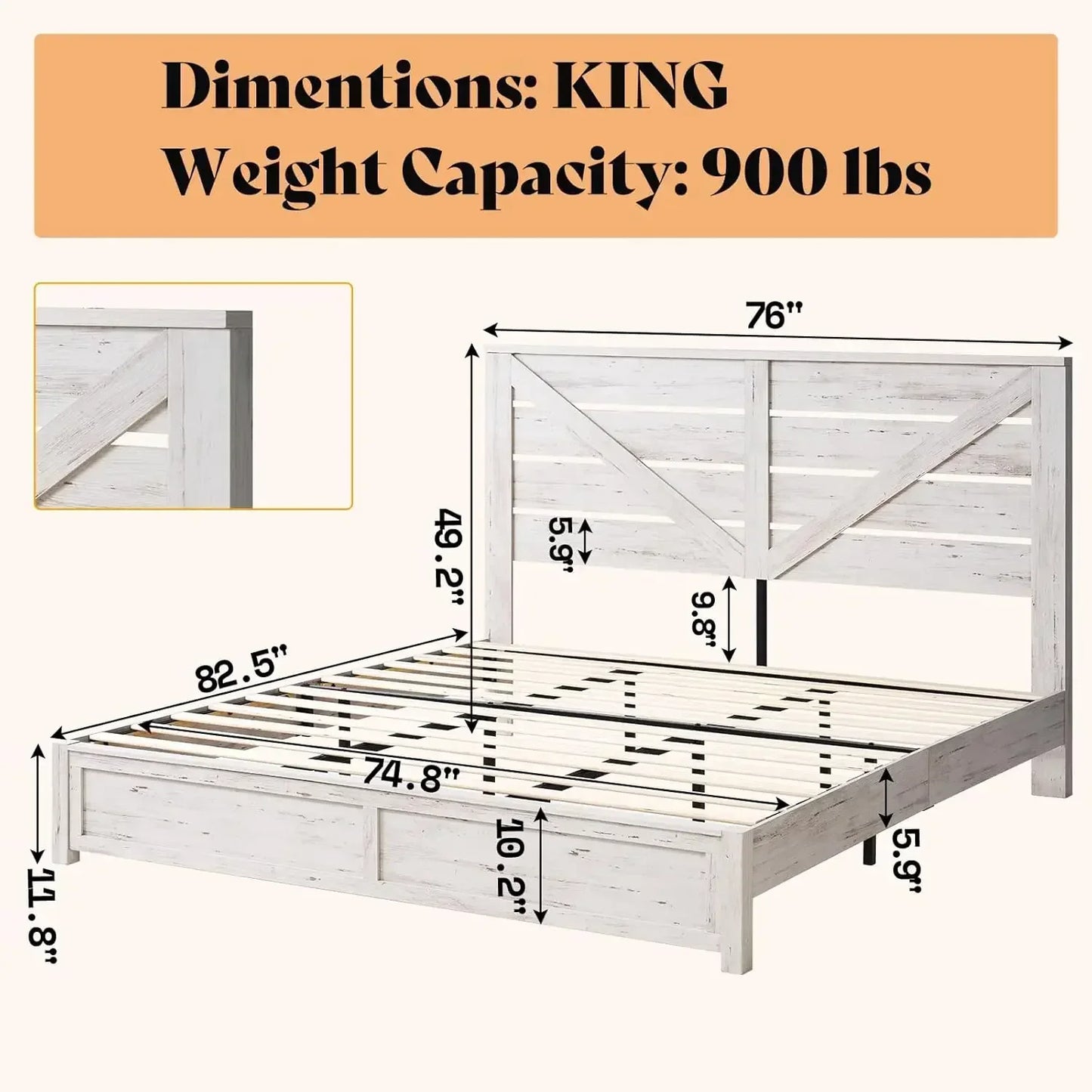 King Size Farmhouse Bed Frame, Platform, Under Bed Storage Space,Noisy Free, Distressed White with 49.2" Barn Door Headboard