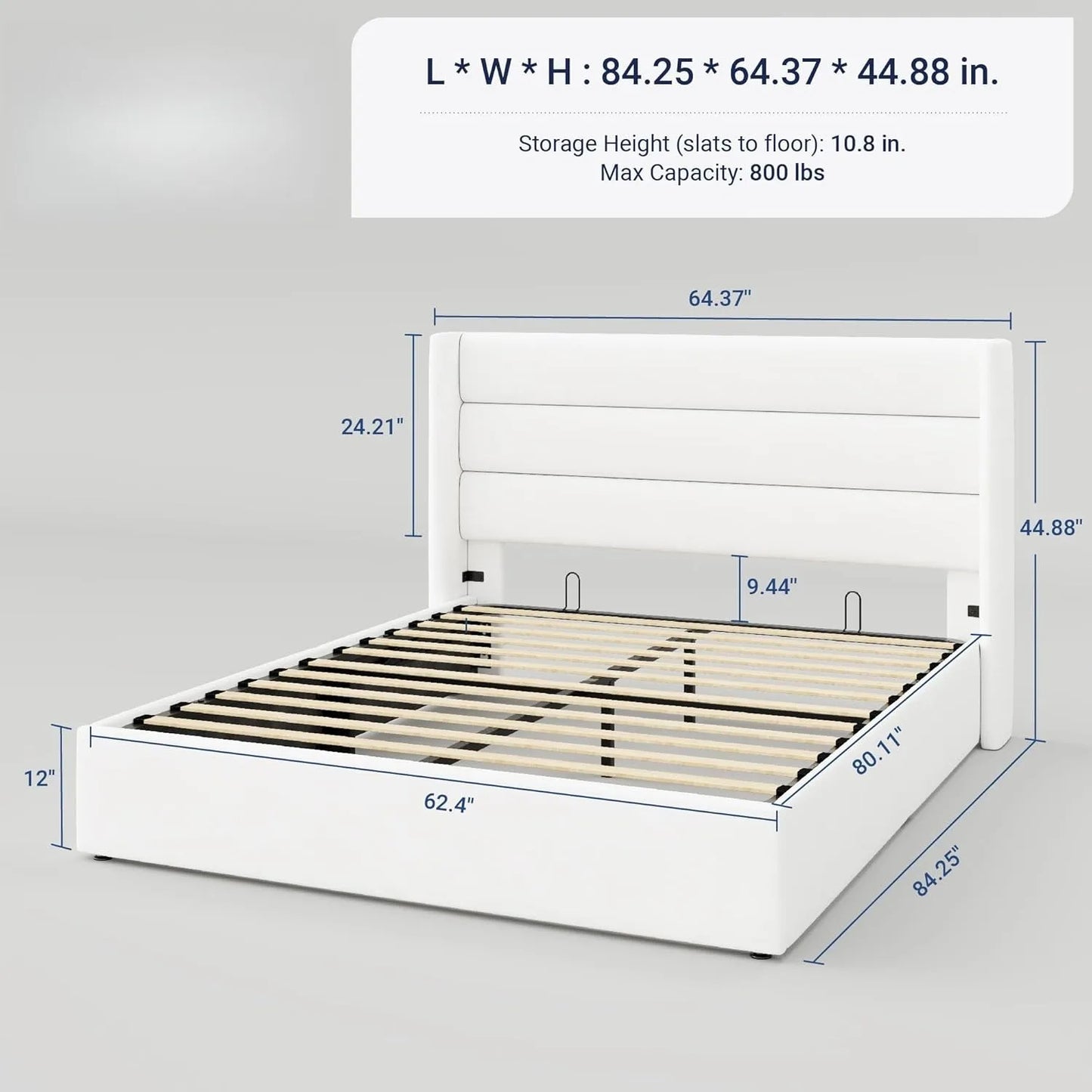 Queen Size Veet Lift  Storage Bed, Modern Wingback Headboard, Hydraulic Sport, No Box Spring Needed, White