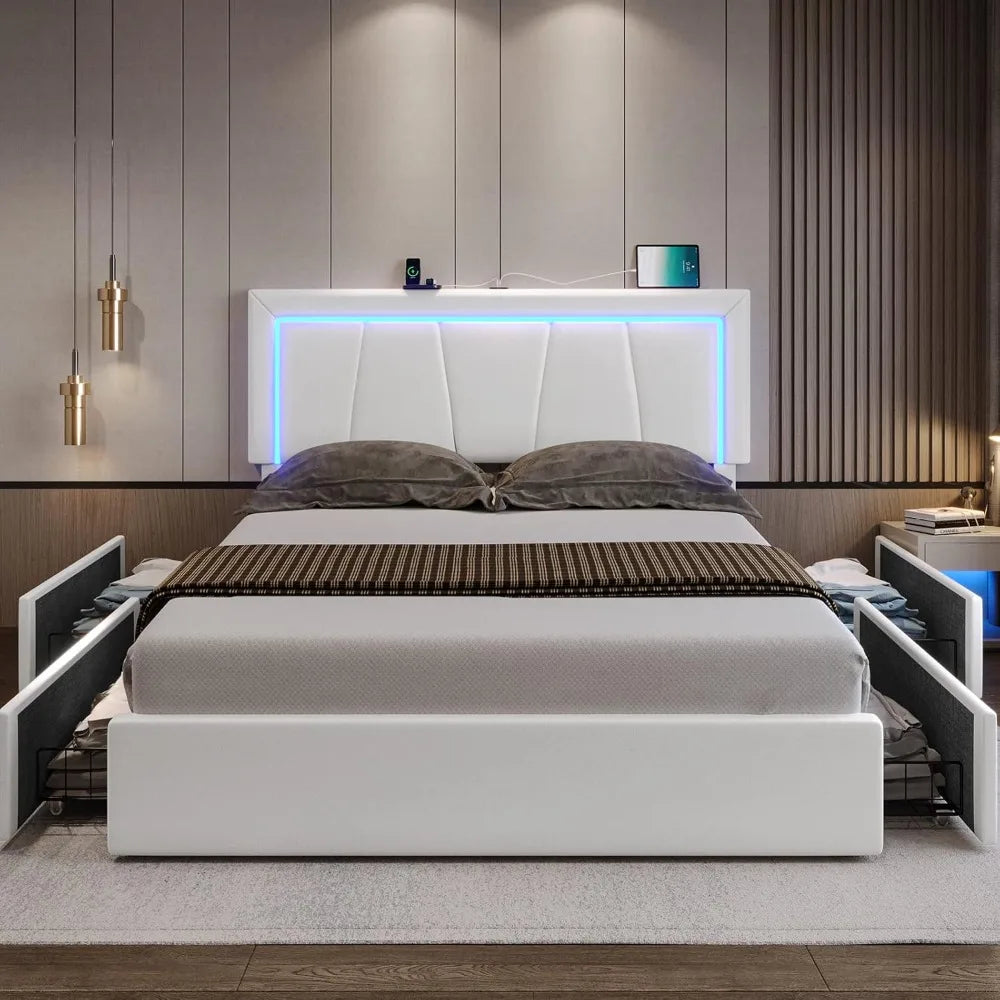 Bed Frame with 4 Storage Drawers and LED Lights - Faux Leather Upholstered Platform Bed with USB Ports，Adjustable LED Headboard