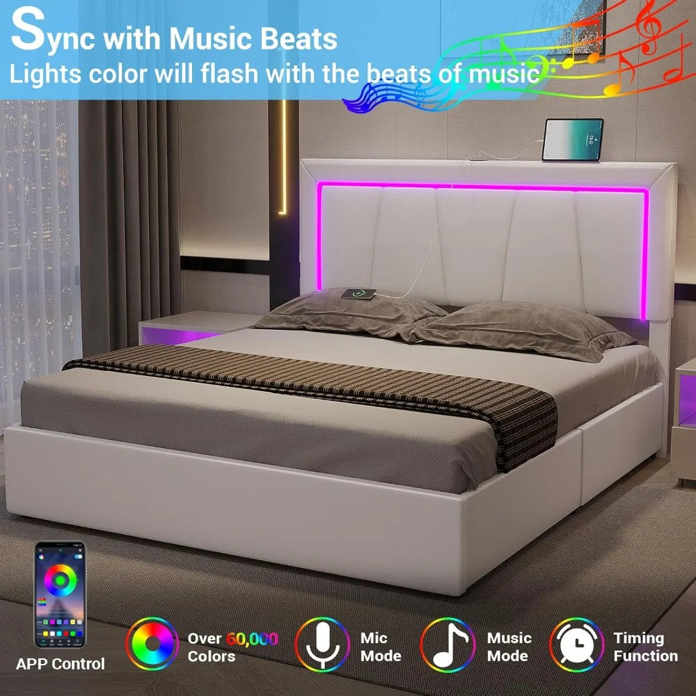 Bed Frame with 4 Storage Drawers and LED Lights - Faux Leather Upholstered Platform Bed with USB Ports，Adjustable LED Headboard