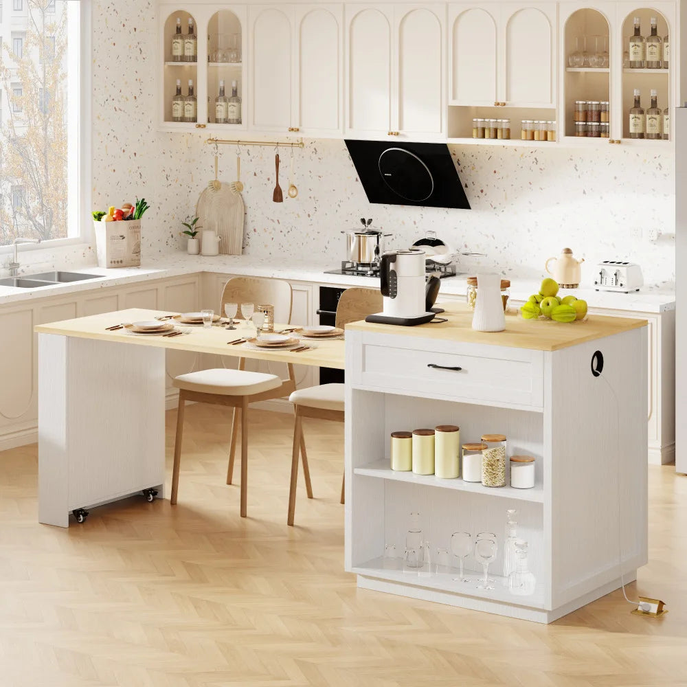 82.7 inch Kitchen Island with Extendable Dining Table for 4-6 Person,Two-tone Kitchen Table with Double-sized Storage, Power