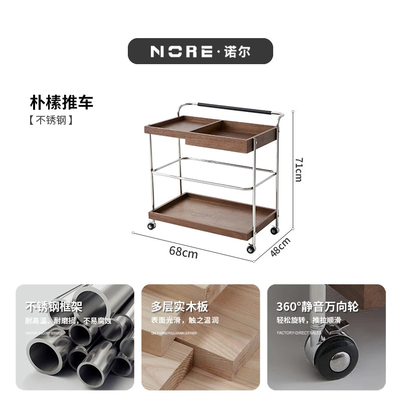 Retro trolley, living room, premium wooden coffee table, side push-pull dining car, ancient style
