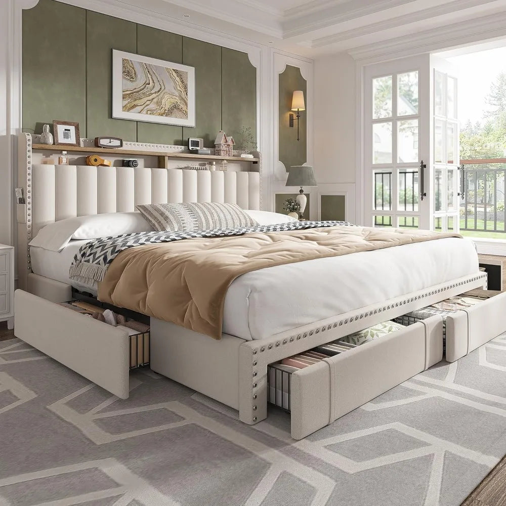 EnHomee King Size Bed Frame with 4 Storage Drawers,Upholstered King Bed Frame and Headboard,2-Tier Shelves,1200LBS for Strong Su