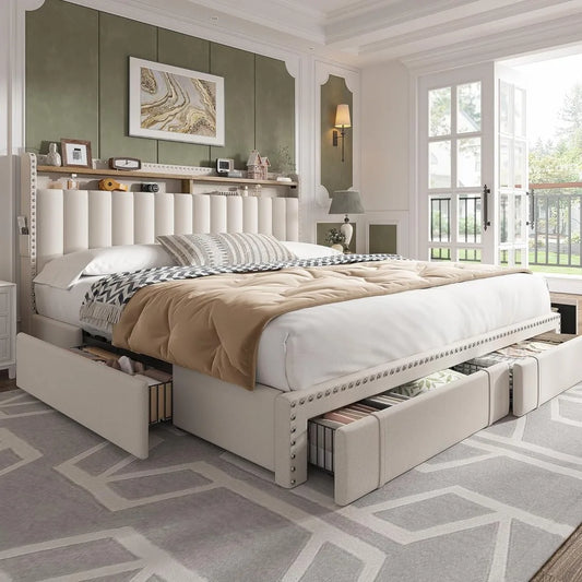 EnHomee King Size Bed Frame with 4 Storage Drawers,Upholstered King Bed Frame and Headboard,2-Tier Shelves,1200LBS for Strong Su