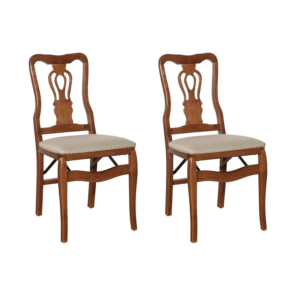 Folding Hardwood Chairs Set of 2 with Blush Upholstery Steel Mechanism Traditional Design Indoor Use Elegant Storage Solution