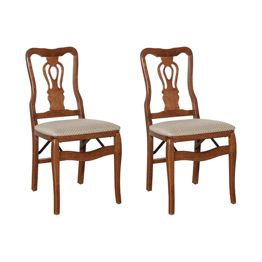 Folding Hardwood Chairs Set of 2 with Blush Upholstery Steel Mechanism Traditional Design Indoor Use Elegant Storage Solution