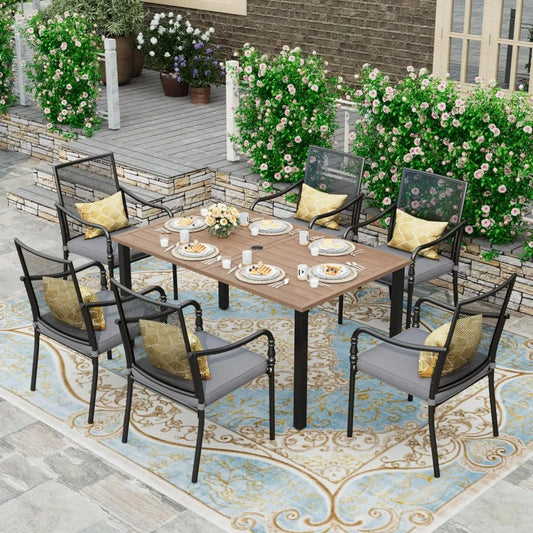 HERA'S HOUSE 6-Person Outdoor Dining Table Rectangular Metal Patio Table with Umbrella Hole Weather Resistant Wood-Like Finish