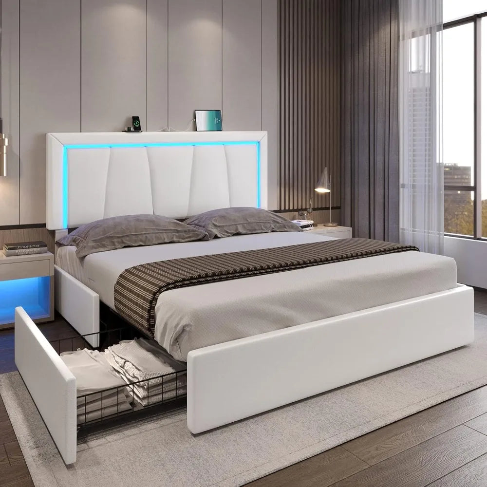 Bed Frame with 4 Storage Drawers and LED Lights - Faux Leather Upholstered Platform Bed with USB Ports，Adjustable LED Headboard
