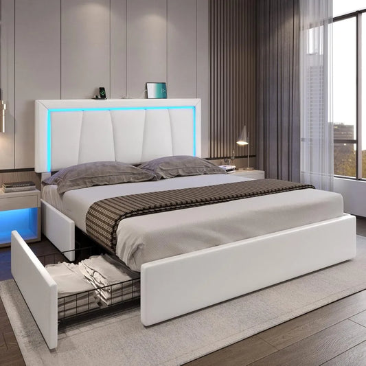 Bed Frame with 4 Storage Drawers and LED Lights - Faux Leather Upholstered Platform Bed with USB Ports，Adjustable LED Headboard