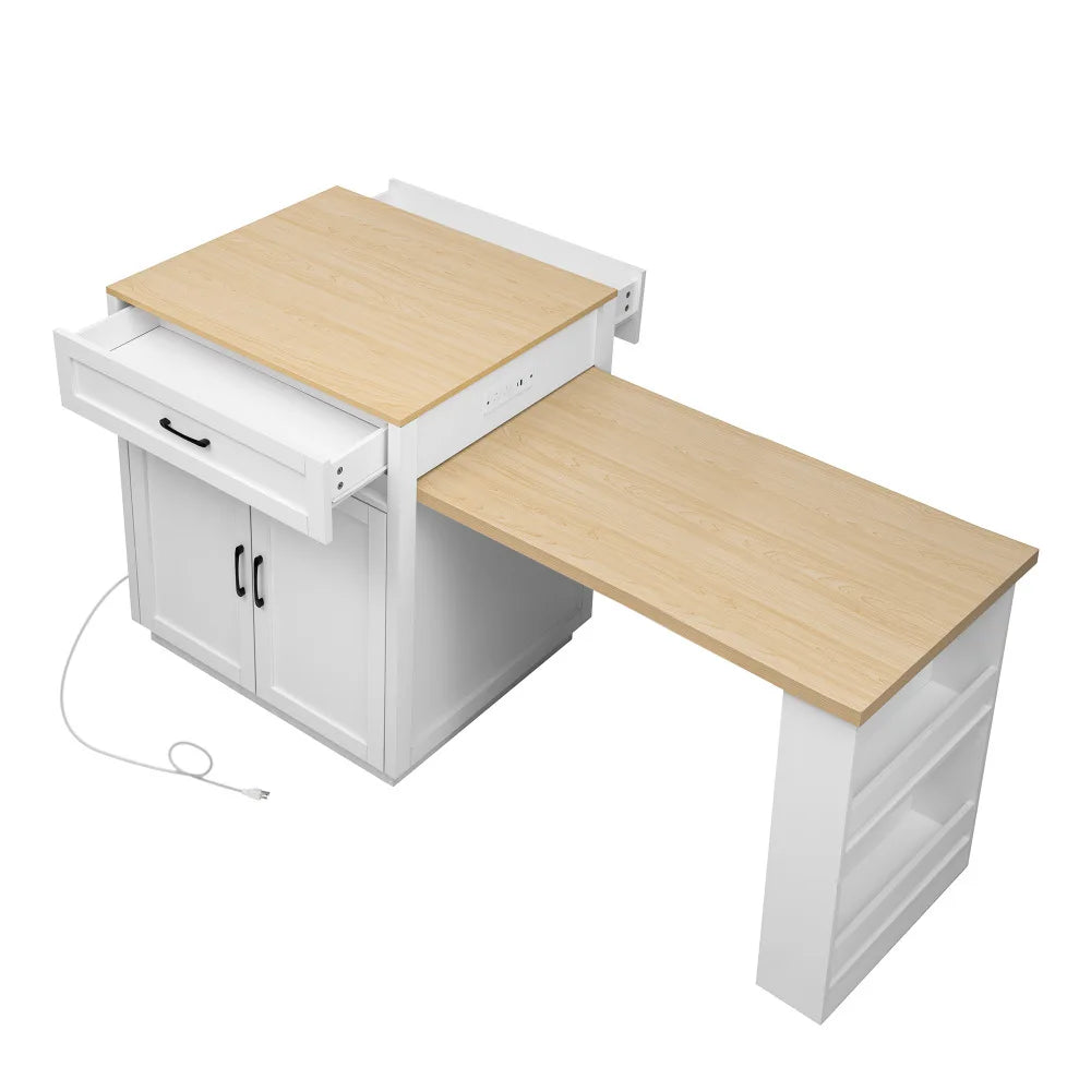 82.7 inch Kitchen Island with Extendable Dining Table for 4-6 Person,Two-tone Kitchen Table with Double-sized Storage, Power