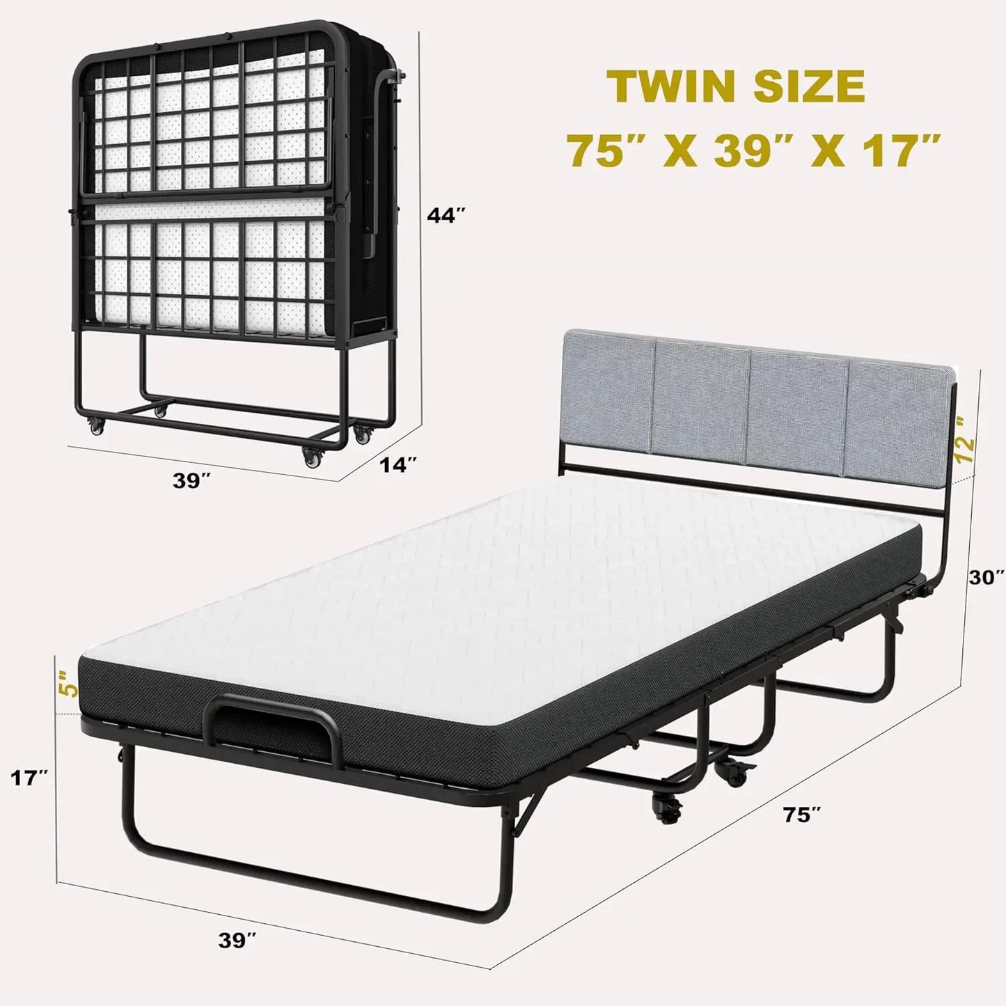 Folding Bed with Headboard, 75" x 39" Portable Frame with 5" Memory Foam Mattress, Twin Guest Bed Rollaway for Adult