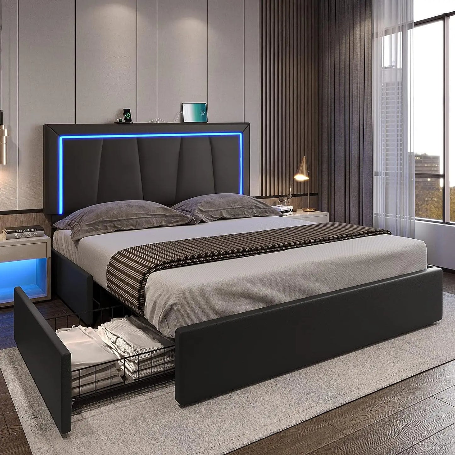 Bed Frame with 4 Storage Drawers and LED Lights - Faux Leather Upholstered Platform Bed with USB Ports，Adjustable LED Headboard