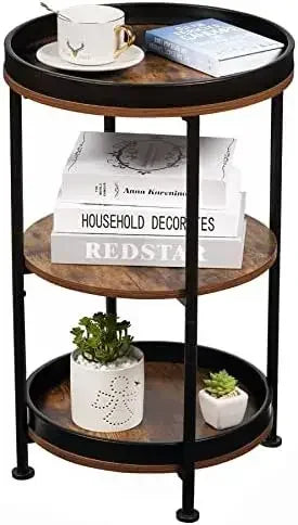 Side Table, Round End Table with 3 Storage Shelves for Living Room, Bedroom, Nightstand with Steel Frame for Small Spaces