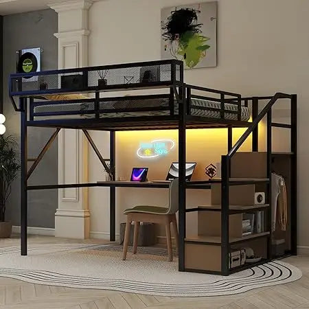 Queen Size Gaming Loft Bed with Stairs and Desk, Metal Loft Bed Frame with Bedside Shelf and Light, Heavy-Duty Adults Lofts Beds