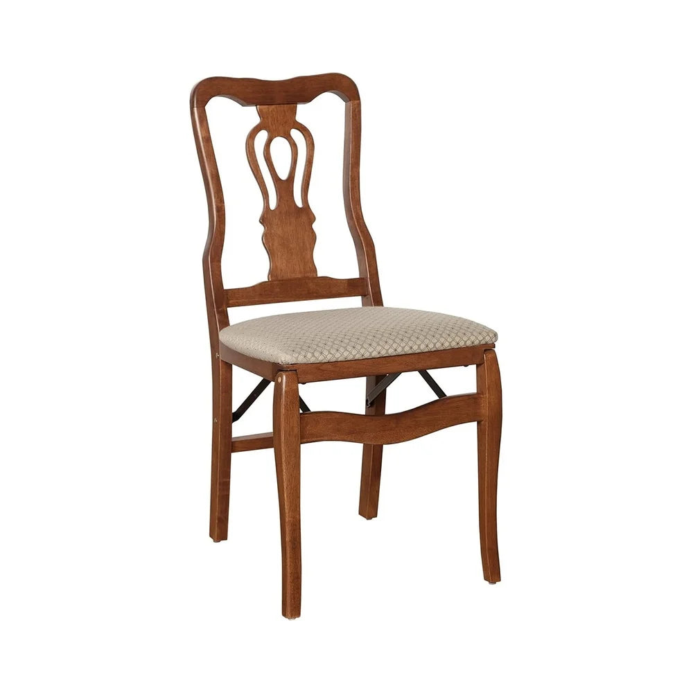 Folding Hardwood Chairs Set of 2 with Blush Upholstery Steel Mechanism Traditional Design Indoor Use Elegant Storage Solution