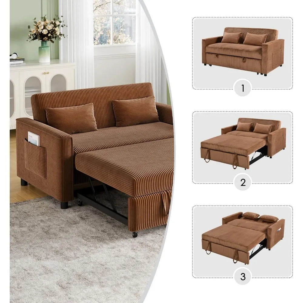 Pull Out Couch,Corduroy Convertible Sofa Bed,Pull Out Sofa Bed with 3 Level Adjustable Backrest & Storage Pockets and 2 Toss Pil