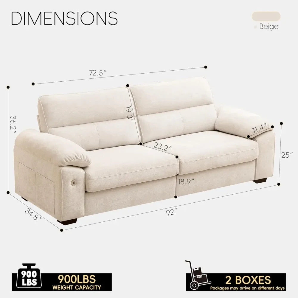92" Modern Sofa for Living Room, Deep Seat Chenille Couch with Fast Charging Port & Removable Washable Cushions